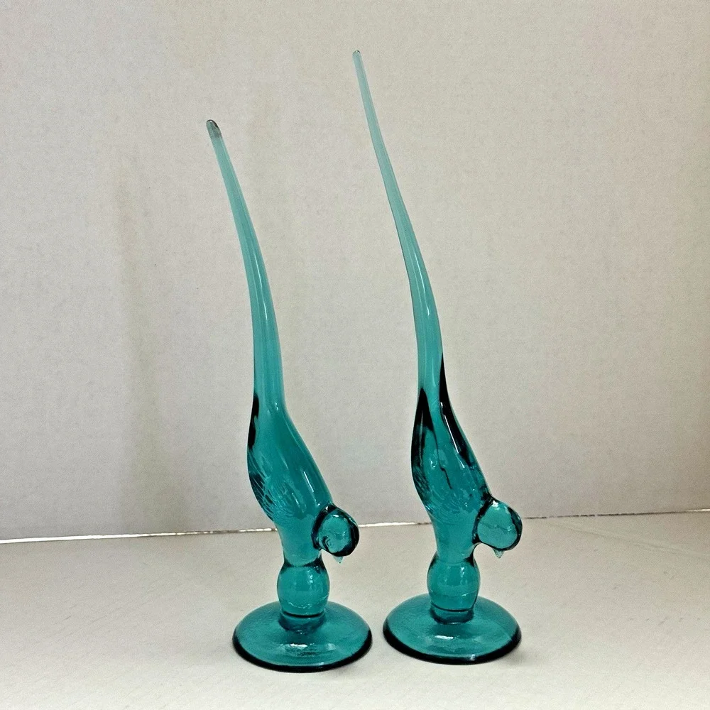 Lot Of 2 Vintage Long Tail Birds Turquoise Glass 9 3/4